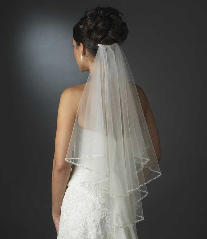 Two Layer Elbow Length Wedding Veil with Beaded Pearl Edge