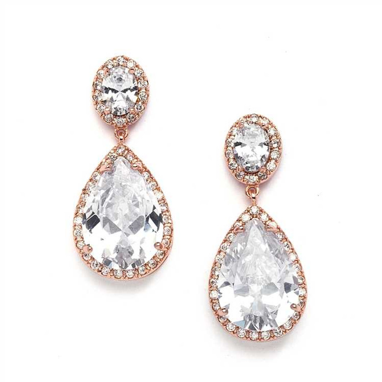 Couture Rose Gold CZ Drop Bridal Earrings 2074E - pierced or clip