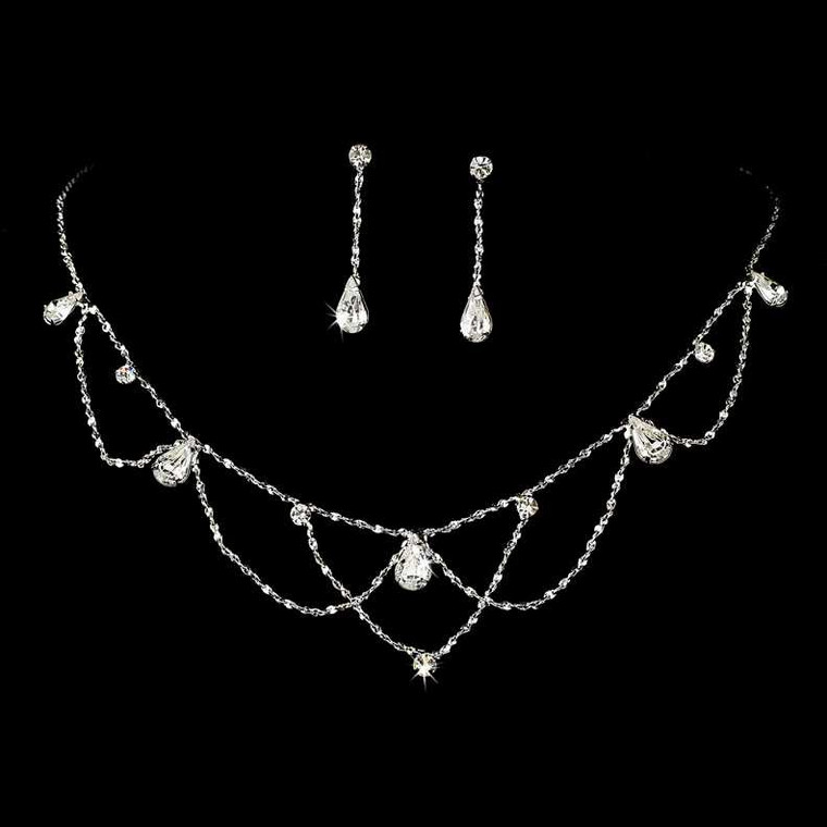 Silver Plated Teardrop Crystal Wedding Jewelry Set ne8000