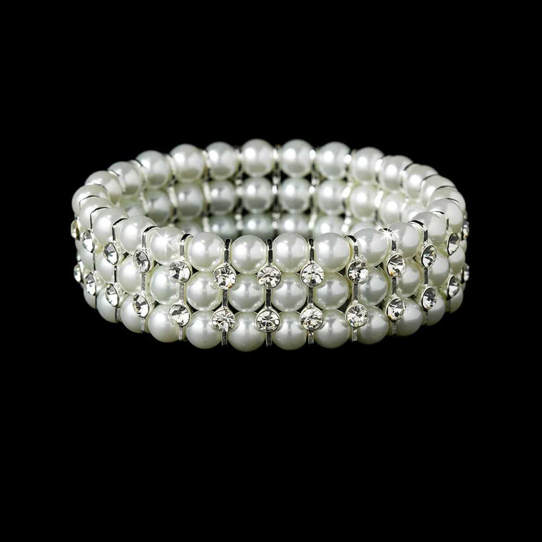 White Pearl and Rhinestone Stretch Wedding Bracelet