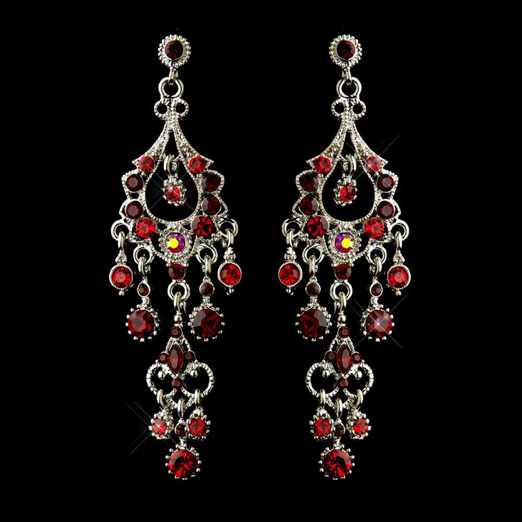 Red 3 1/4" long Chandelier Formal Earrings in Antique Silver