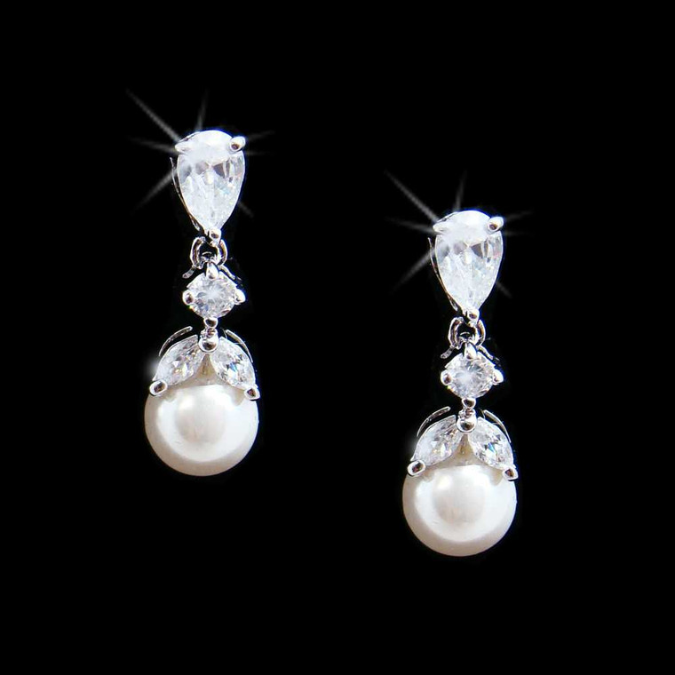 Rhodium Silver Plated CZ and Pearl Wedding Earrings