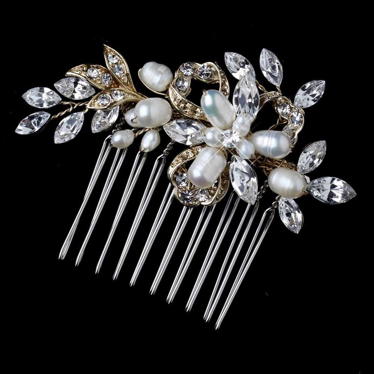 Light Gold Freshwater Pearl and Rhinestone Wedding Comb