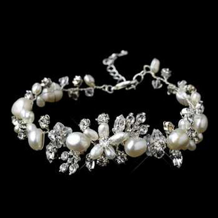 Freshwater Pearl and Crystal Floral Wedding Bracelet