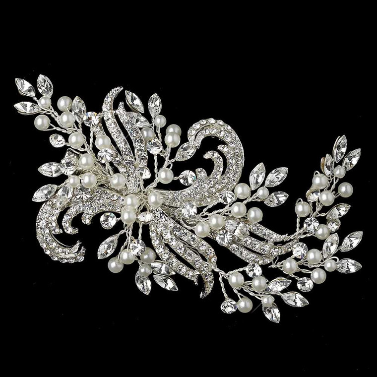 Silver Plated Pearl and Rhinestone Wedding Hair Clip
