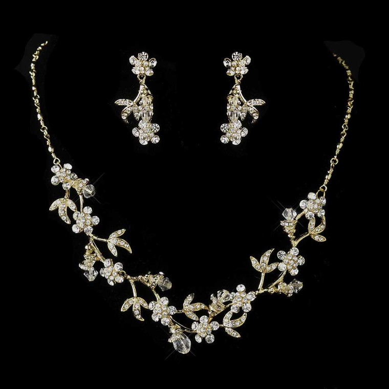 Gold Plated Crystal Floral Vine Bridal Jewelry Set