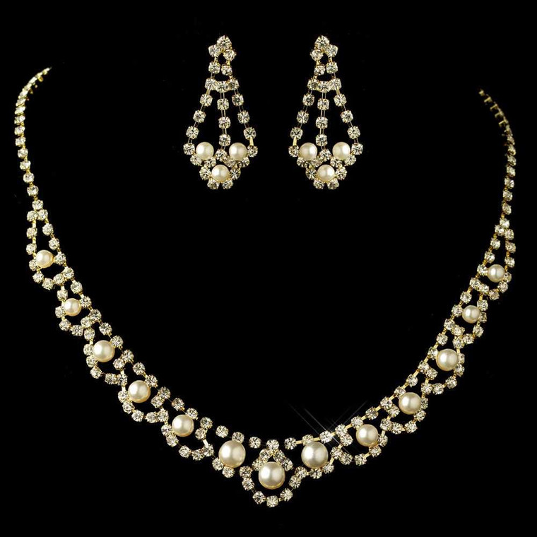 Gold Plated Ivory Pearl and Rhinestone Wedding Jewelry Set