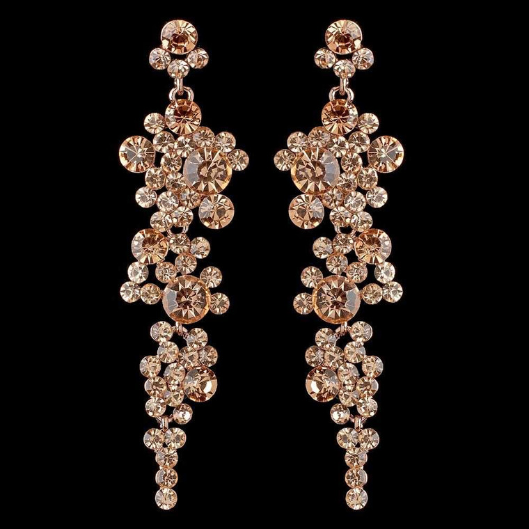 Rose Gold Peach Rhinestone Drop Wedding and Prom Earrings