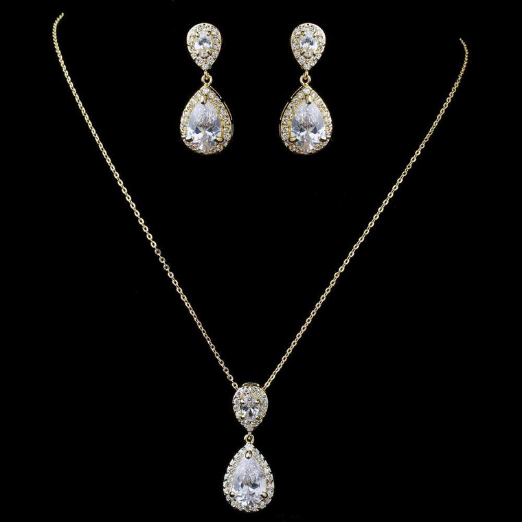 Gold Plated CZ Wedding Necklace and Earrings Jewelry Set