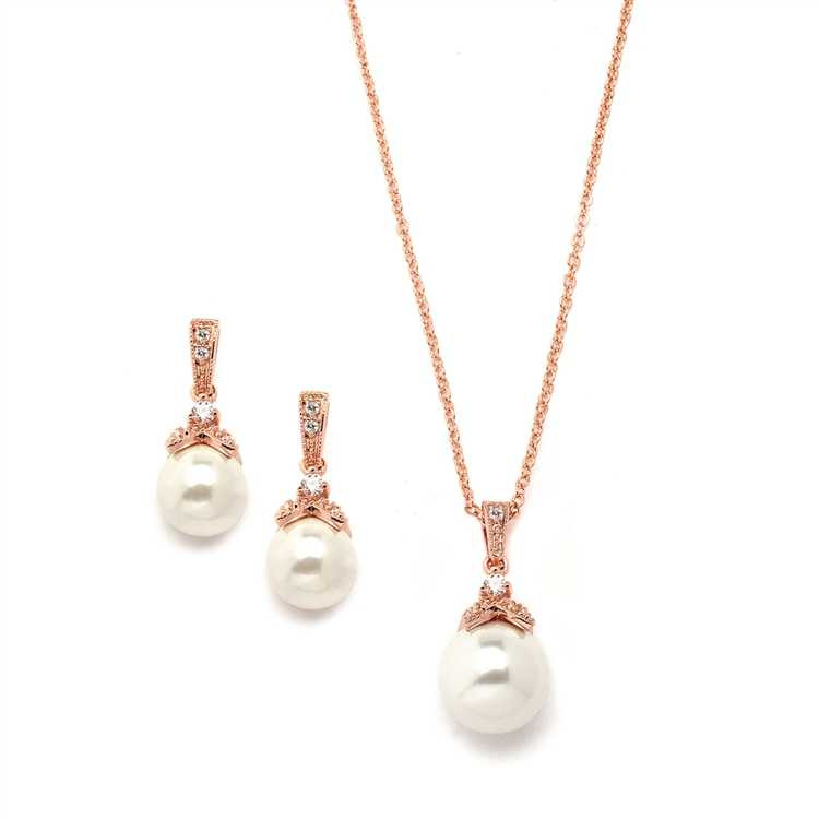Rose Gold Pearl and CZ Bridal and Bridesmaid Jewelry