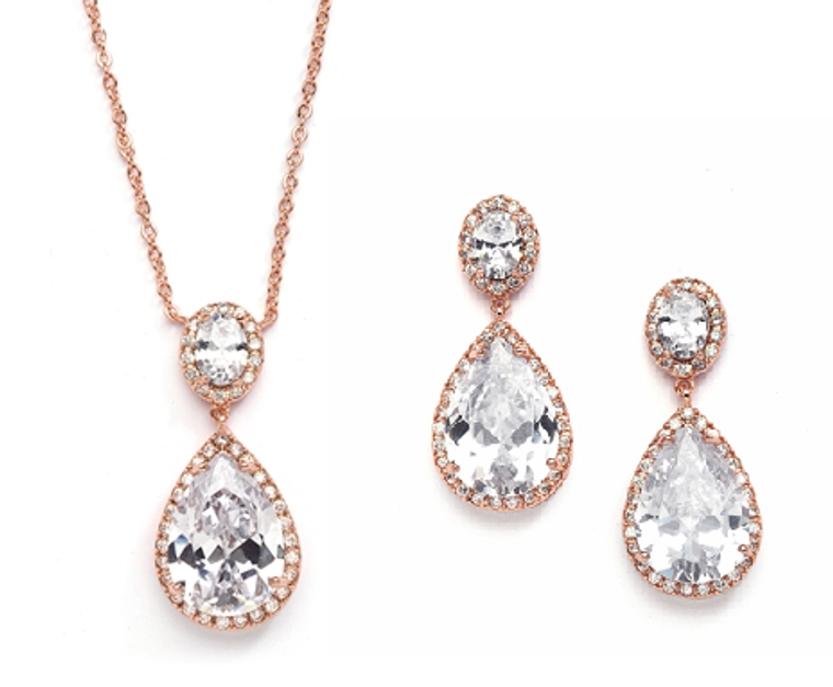 Rose Gold Couture Pear Shaped CZ Pendant and Earrings Jewelry Set