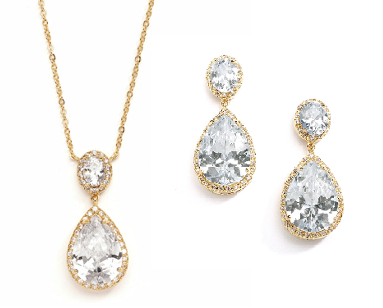 Gold Couture Pear Shaped CZ Pendant and Earrings Jewelry Set