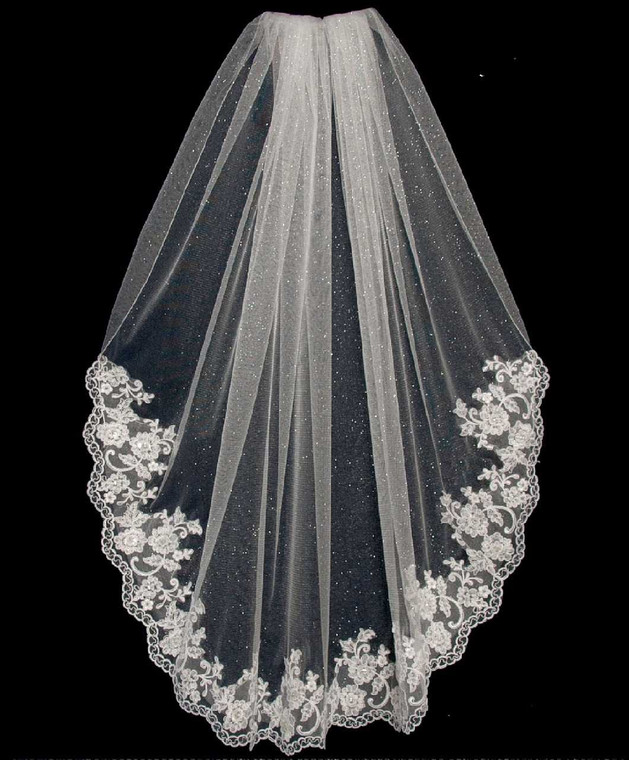 Angel Dust Fingertip Wedding Veil with Beaded Lace V6337