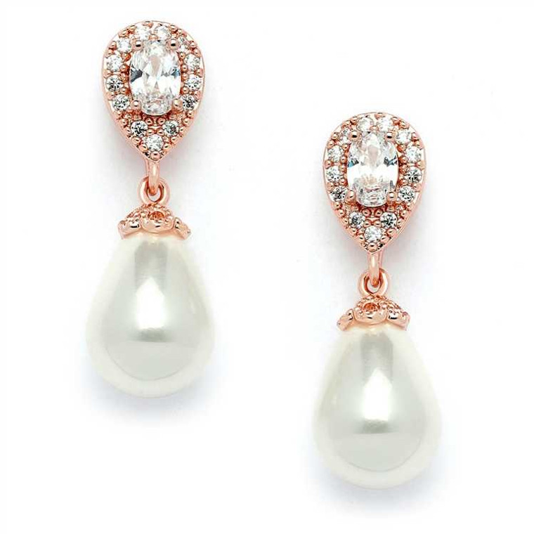 Rose Gold CZ and Pearl Drop Wedding Earrings in Pierced or Clip On