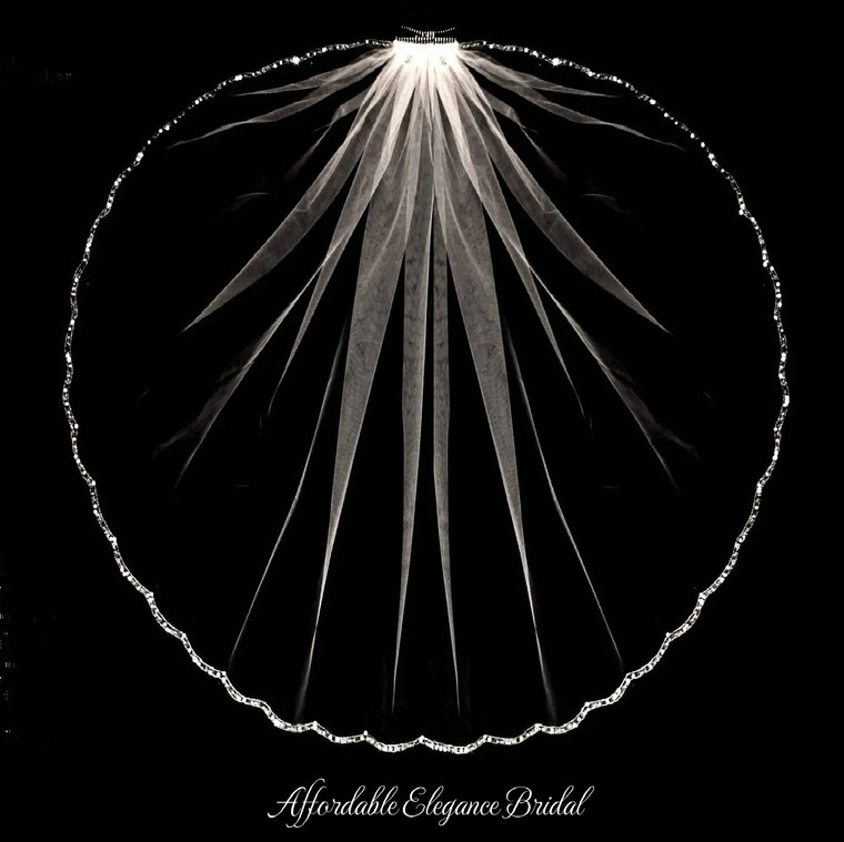 Scalloped Beaded Embroidery Fingertip Length Wedding Veil