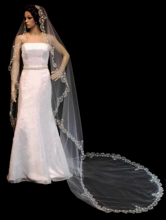 Extra Wide Beaded Silver Embroidery Cathedral Wedding Veil