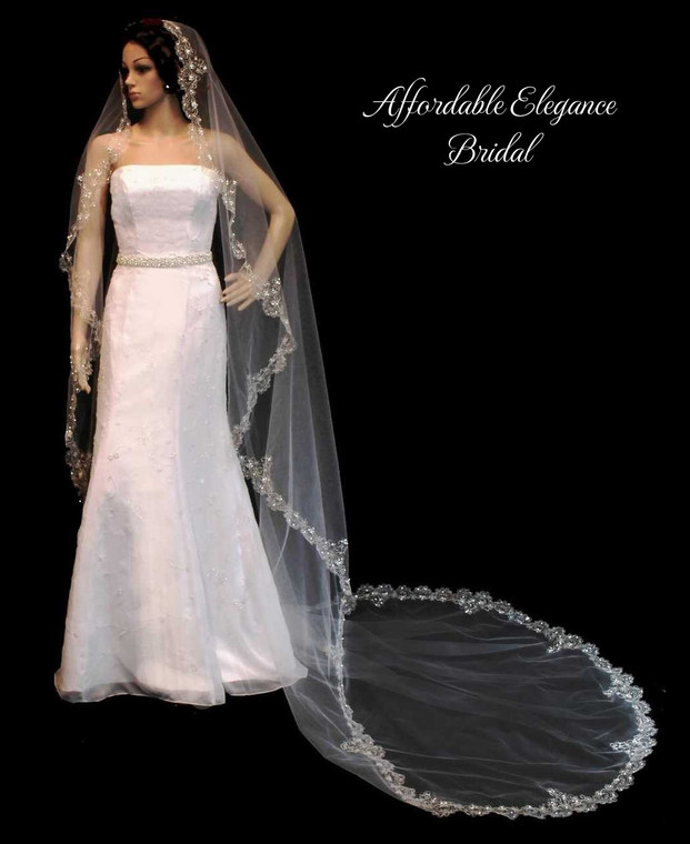Extra Wide Beaded Silver Embroidery Cathedral Wedding Veil