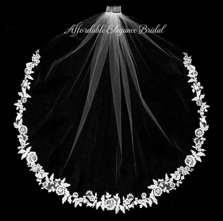 Beaded Lace Edge 42" Long Fingertip Wedding Veil