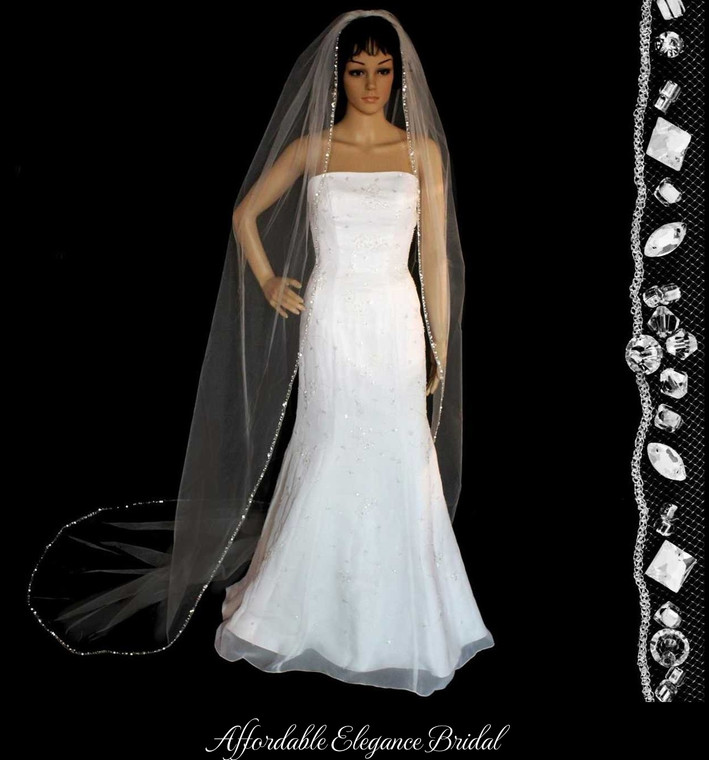 Rhinestone and Crystal Beaded Cathedral Length Wedding Veil