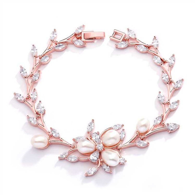 Rose Gold Plated Freshwater Pearl and CZ Bridal Bracelet