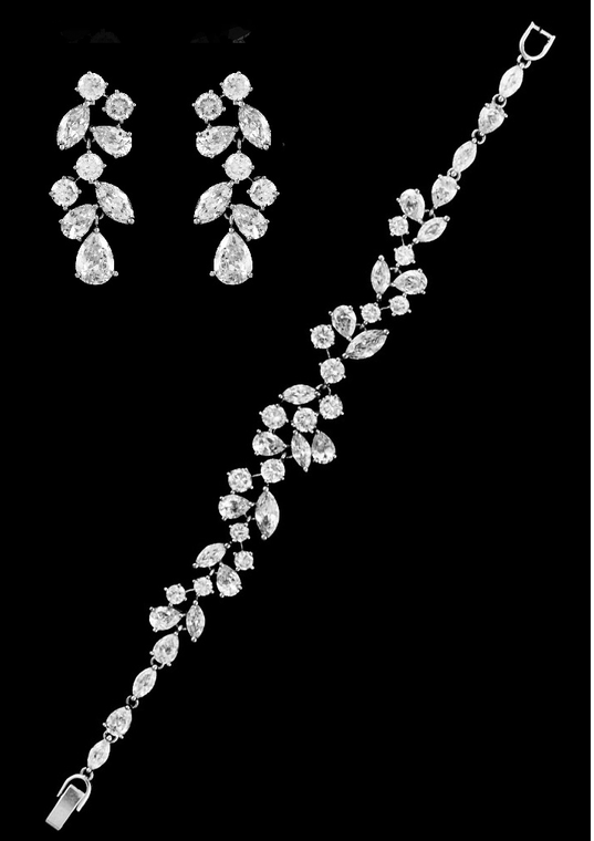 Multi Cut CZ Wedding Bracelet and Earrings in Silver Plating