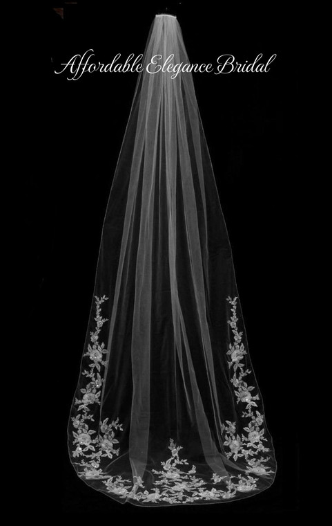 Cathedral Length Wedding Veil with 3D Floral Rose Lace