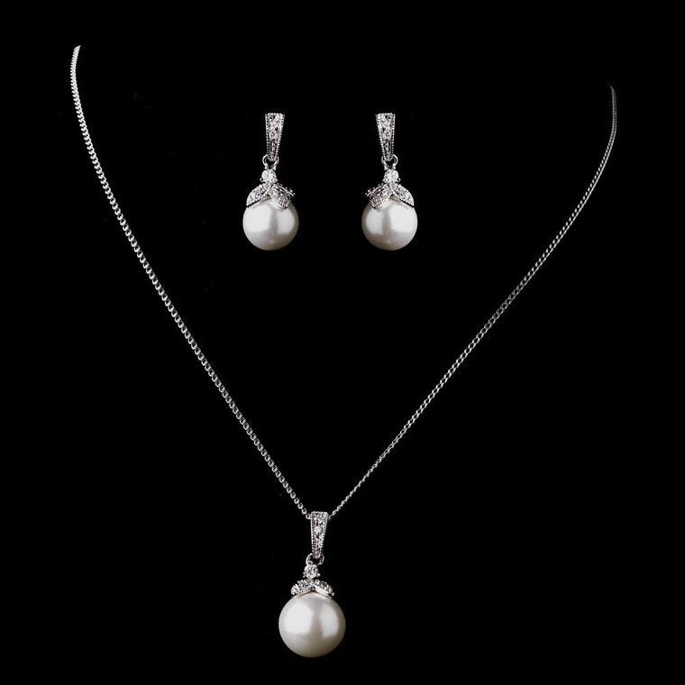 Silver or Gold Plated Pearl and CZ Wedding Jewelry Set ne8602