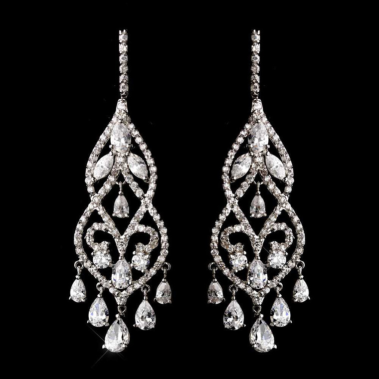Fabulous Silver Plated CZ Chandelier Bridal Earrings