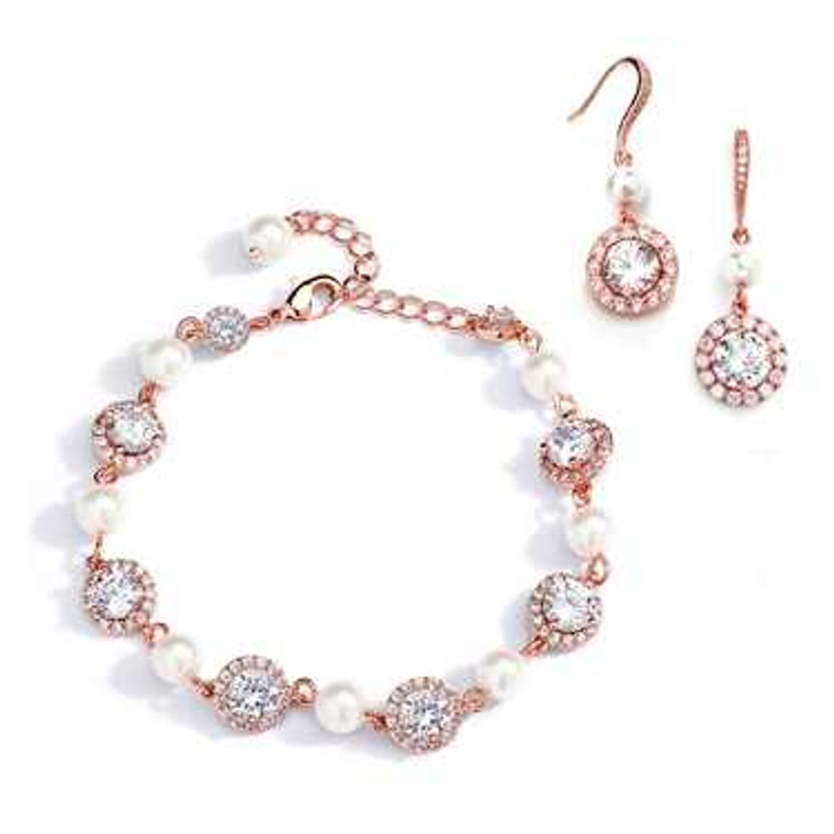 Rose Gold Pearl and CZ Wedding Bracelet and Earring Set