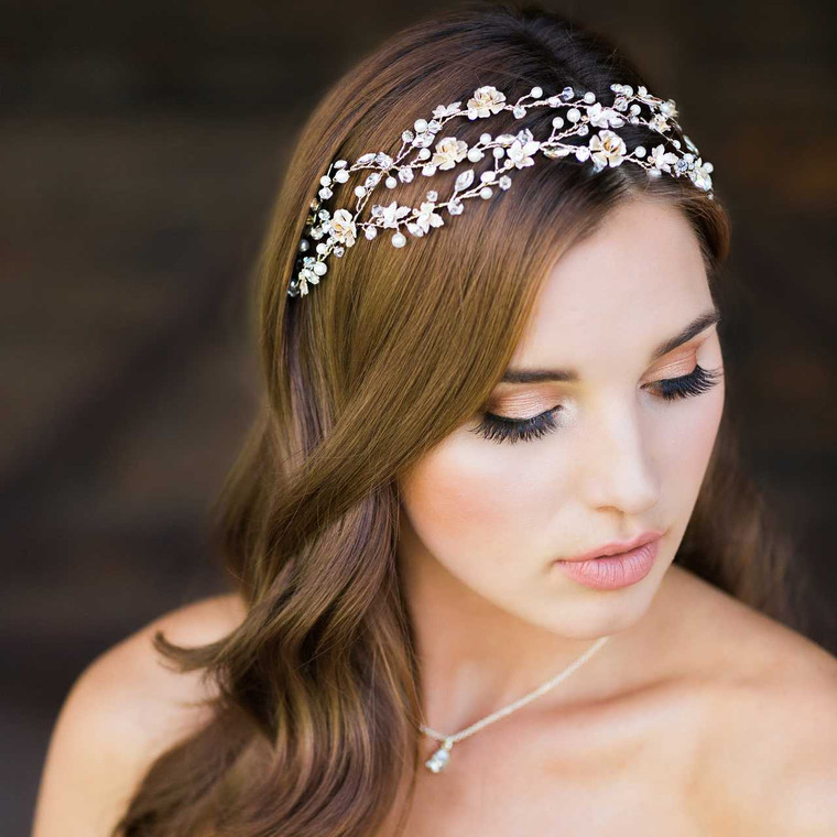 Light Gold Floral Vine Headband with Pearls Envogue HB1811