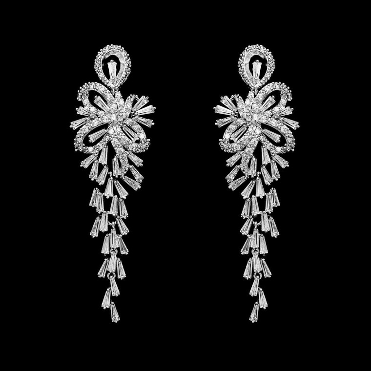 Stunning Silver Plated CZ Chandelier Bridal Earrings