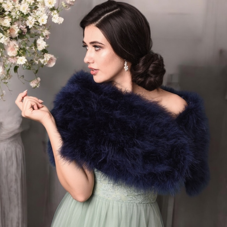 Navy Blue Vintage Inspired Marabou Feather Bridal Stole Wrap