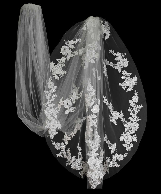 Royal Cathedral Wedding Veil with Beaded Lace Appliques