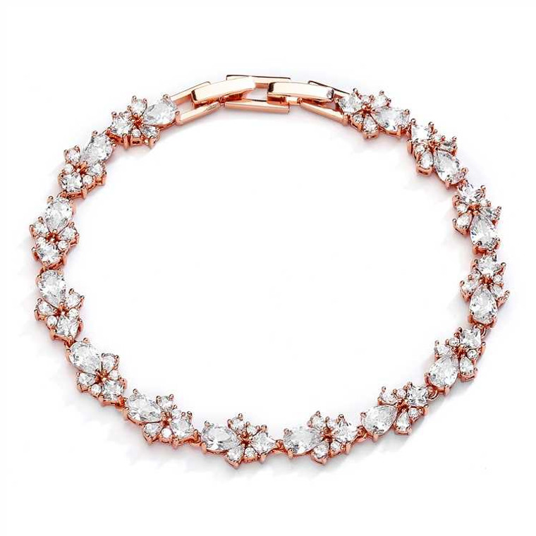 Rose Gold CZ Pears and Rounds Cluster Wedding and Formal Bracelet