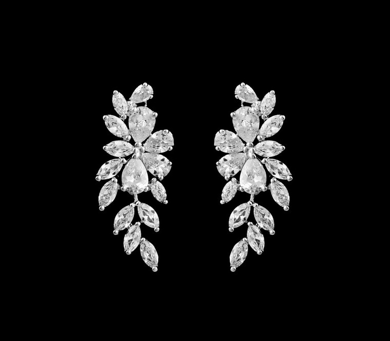 Floral CZ Drop Wedding Earrings - Pierced or Clip On Styles