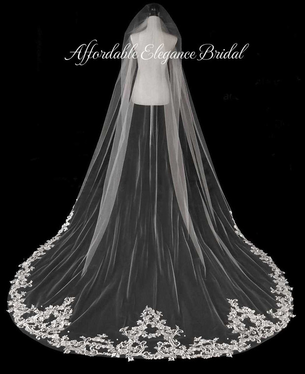 Beaded Alencon Lace Royal Cathedral Wedding Veil V3241