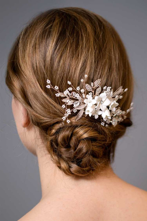 Rose Gold Floral Pearl and Crystal Wedding Comb