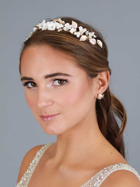 Gold Plated Wedding Tiara Vine, Ivory Flowers and Gold Blush Leaves