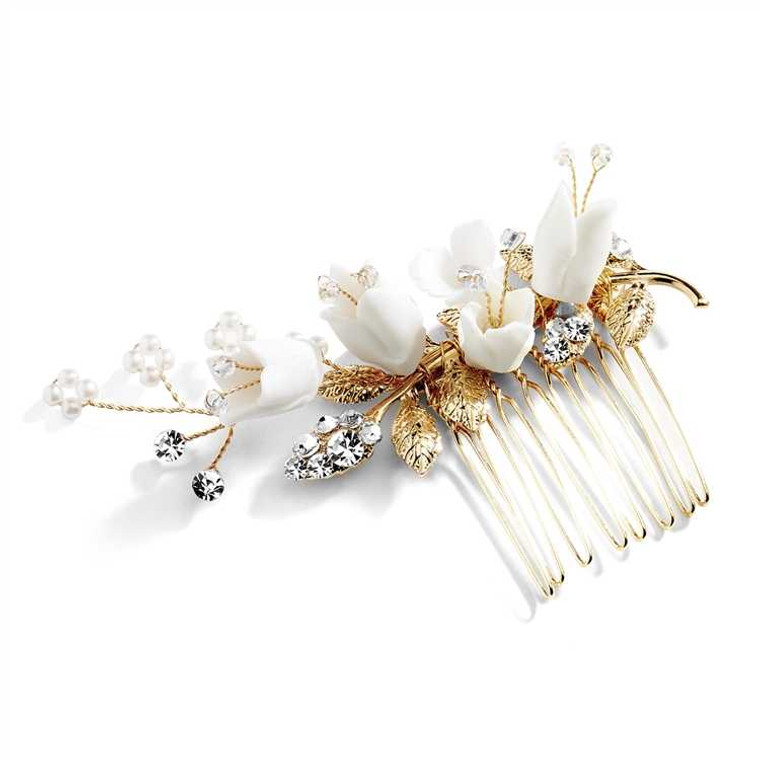 Gold Bridal Wedding Comb with Ivory Flowers and Crystals