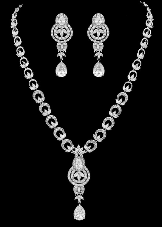 CZ Drop Bridal and Formal Jewelry Set in Silver Plating