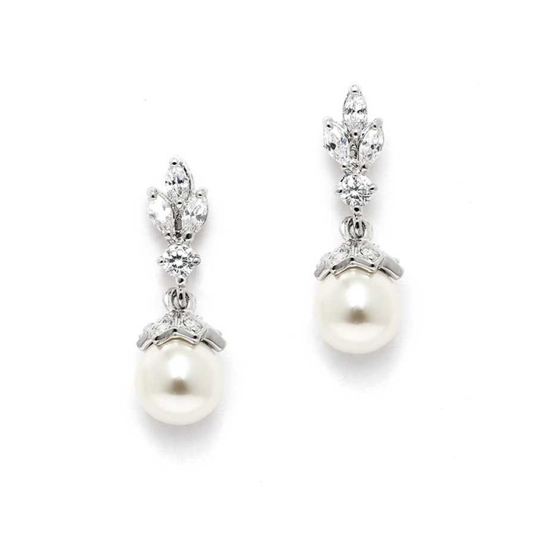 Silver Plated CZ Trio and Pearl Drop Wedding Earrings