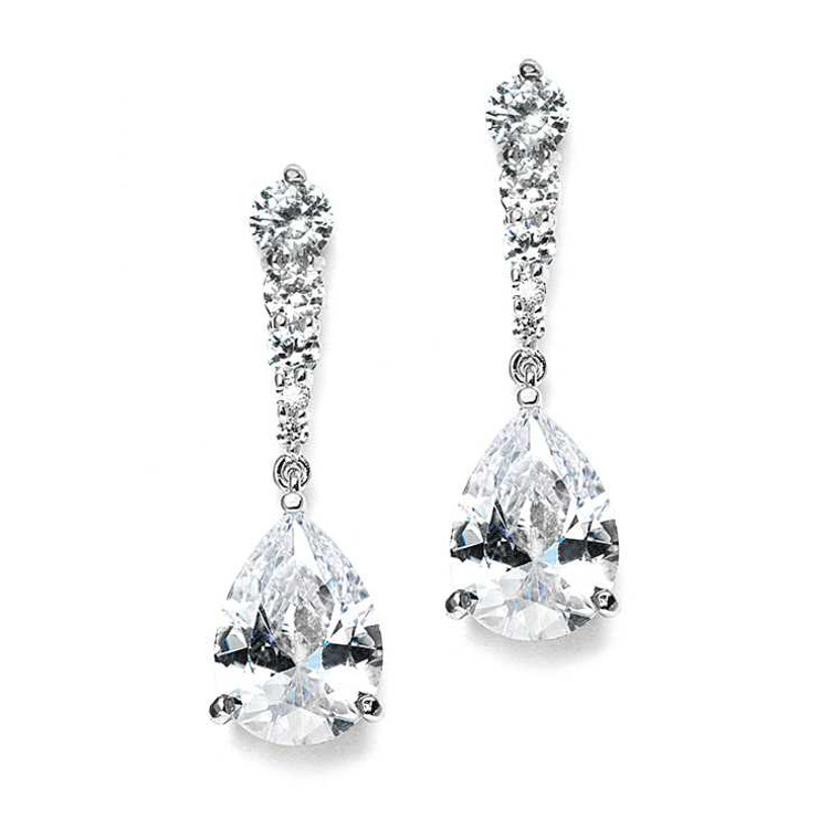 Silver Plated CZ Pears Dangle Bridal Earrings