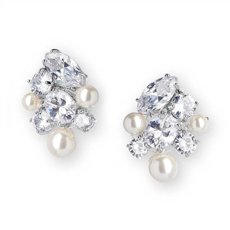 Multi Cut CZ and Pearl Cluster Wedding Earrings