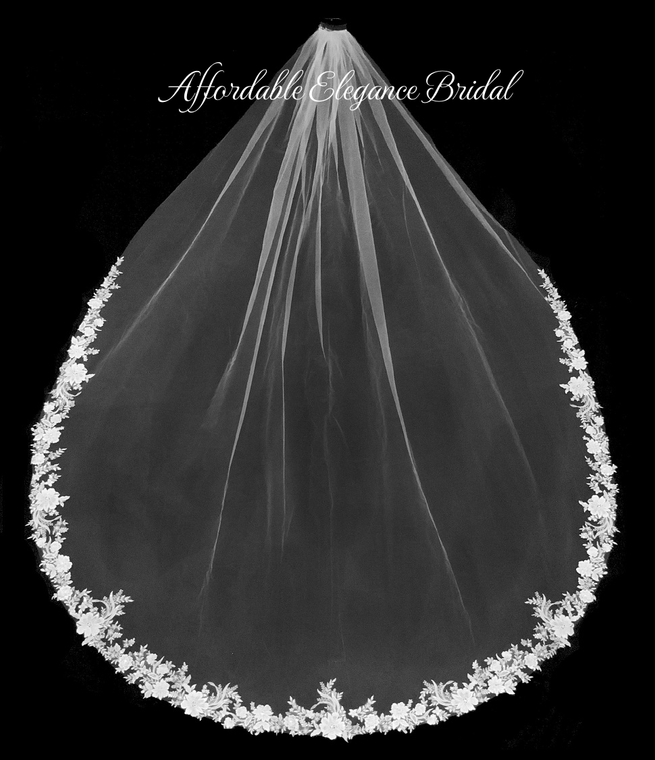 Royal Cathedral Wedding Veil with Floral Beaded Lace V3251R