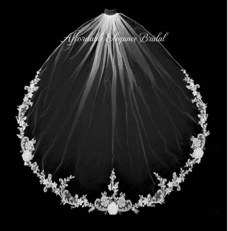 Fingertip Length Wedding Veil with Beaded Floral Alencon Lace