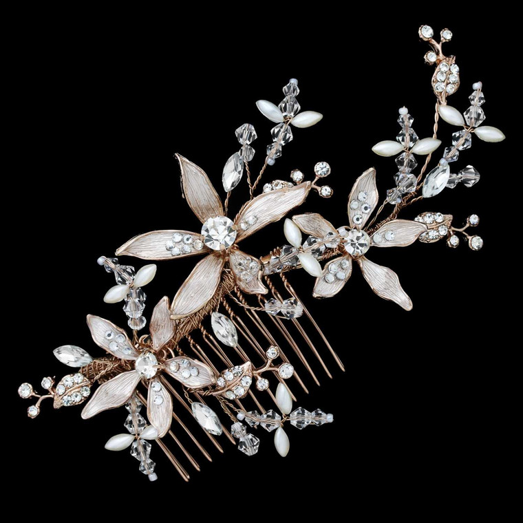 Large Rose Gold Crystal and Rhinestone Floral Bridal Comb