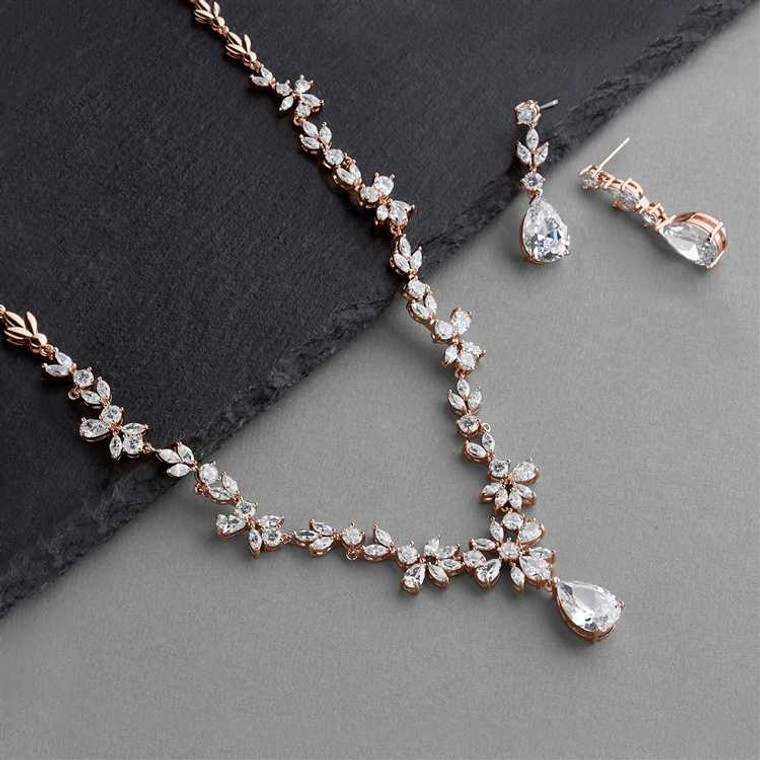 Rose Gold Luxurious CZ Vine Wedding Jewelry Set