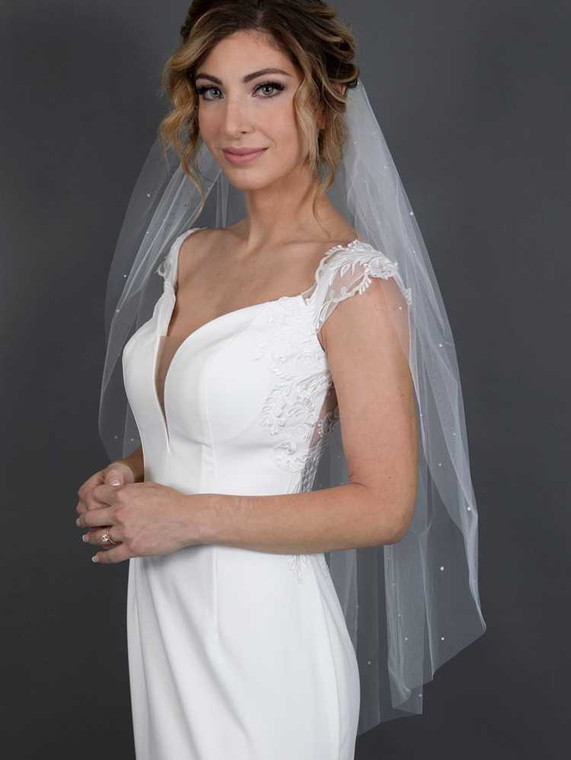 Scattered Pearl and Crystal Fingertip Length Wedding Veil