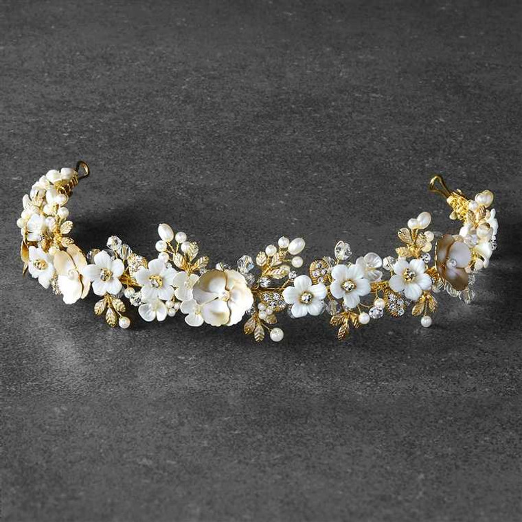 Gold and Ivory Floral Headband Tiara with Pearls
