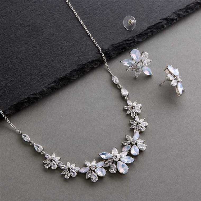 CZ and Opal Crystal Starburst Silver Plated Wedding Jewelry Set